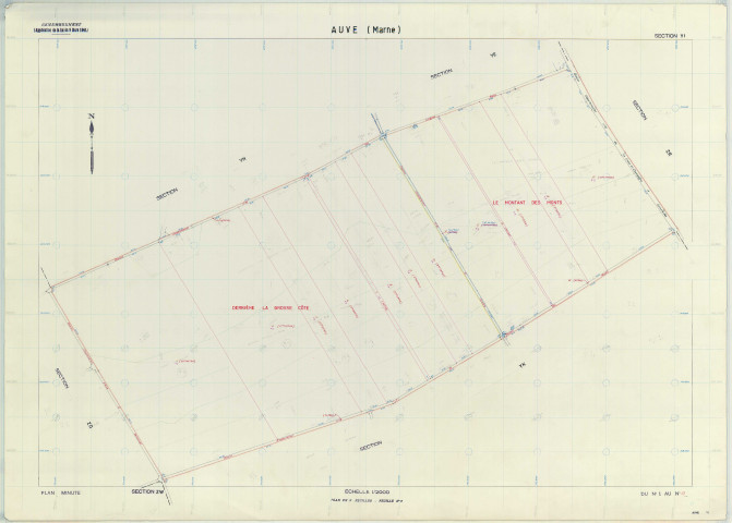 Auve (51027). Section YI échelle 1/2000, plan remembré pour 1950, plan régulier (papier armé)