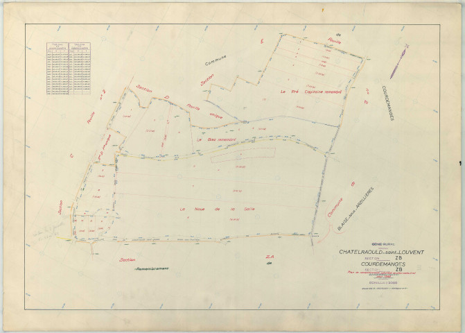 Châtelraould-Saint-Louvent (51134). Section ZB échelle 1/2000, plan remembré pour 1966 (extension sur Courdemanges section ZB), plan régulier (papier armé)