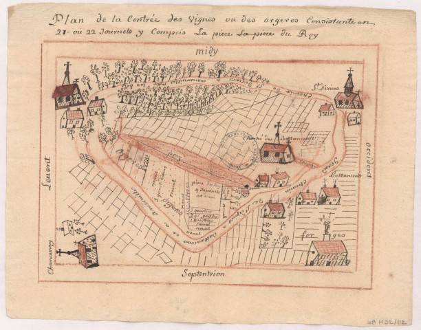 Minimes de Vitry-le-François. Plan de la contrée des vignes ou des orgeres.La pièce du Roy; finage de Bettancourt, XVIIIè.