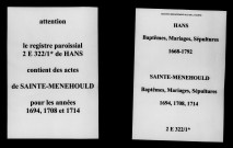 Hans. Baptêmes, mariages, sépultures 1668-1792