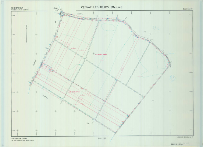 Cernay-lès-Reims (51105). Section ZT échelle 1/2000, plan remembré pour 1999, plan régulier de qualité P5 (calque).