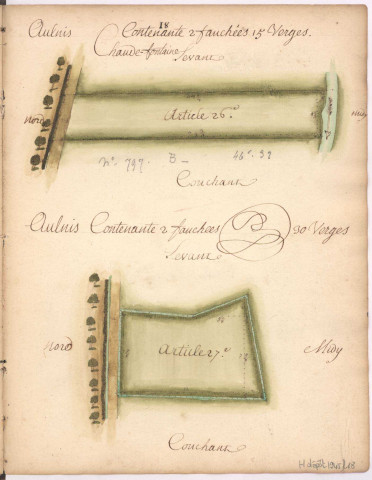 Cayet des plans et figures des prés de l'hotel Dieu de Sainte Manéhould, 1761. Plan n° 18 : Aulnis