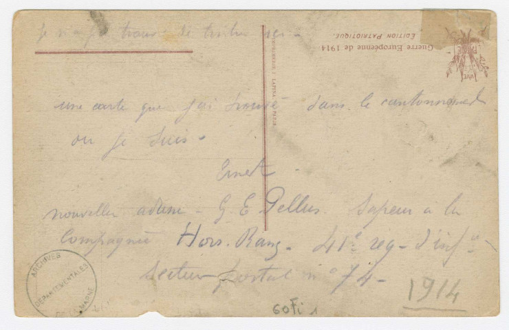 Carte postale portant la correspondance d'Ernest Pellus