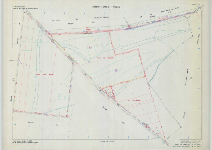 Courtisols (51193). Section ZR2 échelle 1/2000, plan remembré pour 1989 (extension Bussy-le-Château YK et sur Saint-Rémy-sur-Bussy section XH), plan régulier (calque)
