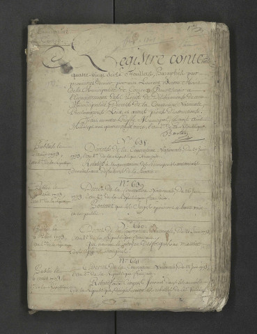 Décrets de la Convention nationale (folios 1-73) puis délibérations municipales (à partir du folio 74)