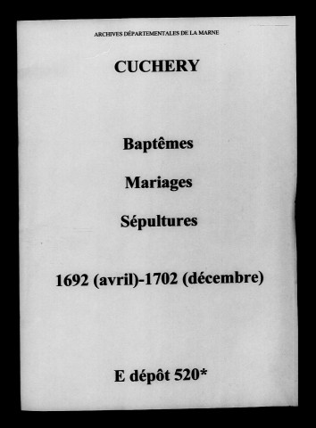 Cuchery. Baptêmes, mariages, sépultures 1692-1702
