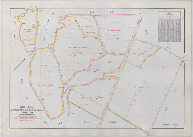 Allemanche-Launay-et-Soyer (51004). Section ZD échelle 1/2000, plan remembré pour 01/01/1957, plan régulier de qualité P5 (papier armé)