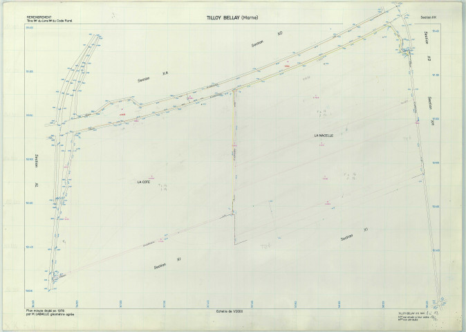 Tilloy-et-Bellay (51572). Section XK échelle 1/2000, plan remembré pour 1976, plan régulier (papier armé)