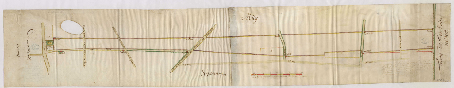 Carte figurative des bornes d'une partie du terroir et procès-verbal d'arpentage de Cormontreuil (1690)