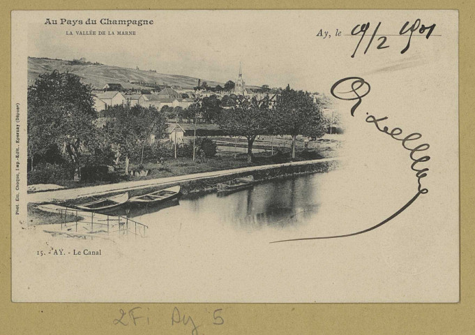 AY. Au pays du champagne. La vallée de la Marne. 15-Ay. Le canal / E. Choque, photographe à Épernay.
EpernayE. Choque (51 - EpernayE. Choque).[vers 1901]