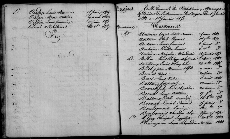 Bergères-lès-Vertus. Table décennale 1843-1852