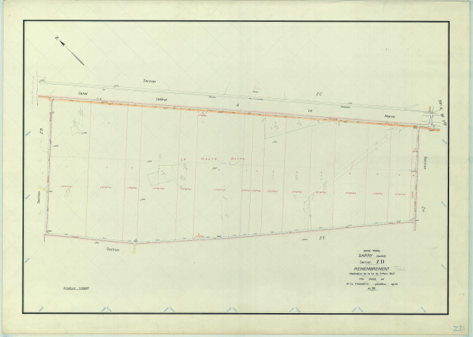 Sarry (51525). Section ZD échelle 1/2000, plan remembré pour 1968, plan régulier (papier armé)