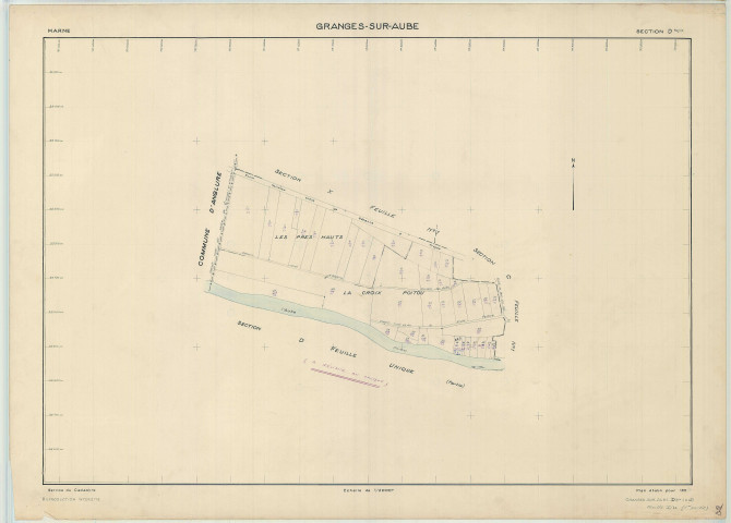 Granges-sur-Aube (51279). Section D échelle 1/2000, plan renouvelé pour 01/01/1954, régulier avant 20/03/1980. Contient les numéros : 1 à 40 (papier)