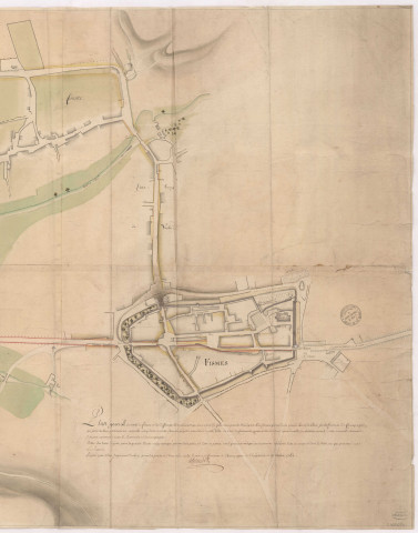 RN 31. Plan général de la ville de Fismes et de ses abords, indiquant le projet du tracé de la route, dressé par Legendre, 1761.