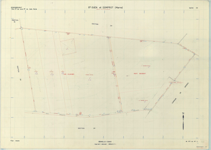 Saint-Ouen-Domprot (51508). Section ZN échelle 1/2000, plan remembré pour 1976 (extension sur Somsois section ZD), plan régulier (papier armé)