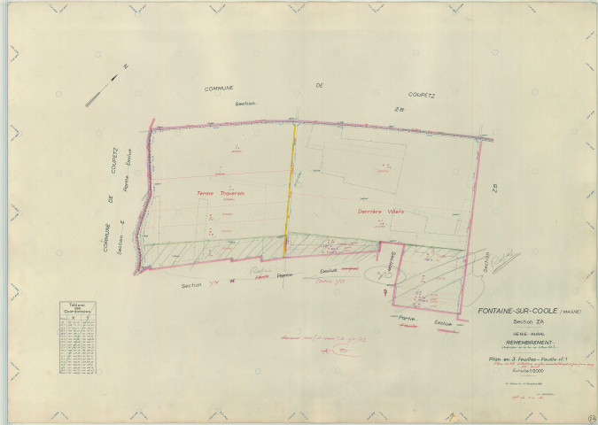 Faux-Vésigneul (51244). Fontaine-sur-Coole (51257). Section ZA échelle 1/2000, plan remembré pour 1967, plan régulier (papier armé)