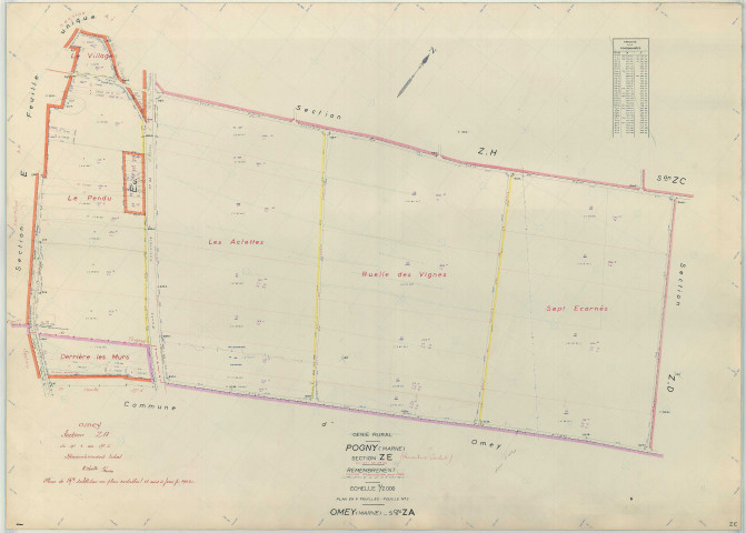 Pogny (51436). Section ZE échelle 1/2000, plan remembré pour 1962 (extension sur Omey section ZA), plan régulier (papier armé)
