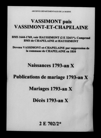 Vassimont. Naissances, publications de mariage, mariages, décès 1793-an X