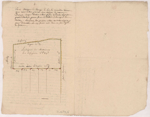 Hauvillers. Arpentage et bornage de pièce de terre ou de vigne appartenant aux religieux d'Hautvillers,1741.