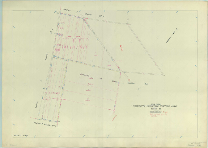 Villeneuve-Renneville-Chevigny (51627). Section ZB échelle 1/2000, plan remembré pour 1965, plan régulier (papier armé)