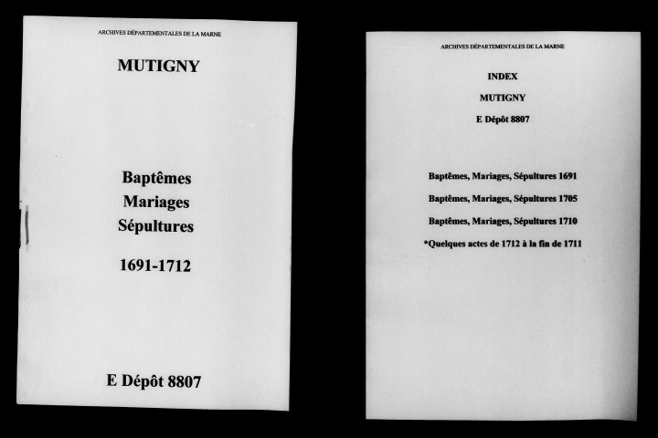 Mutigny. Baptêmes, mariages, sépultures 1691-1712