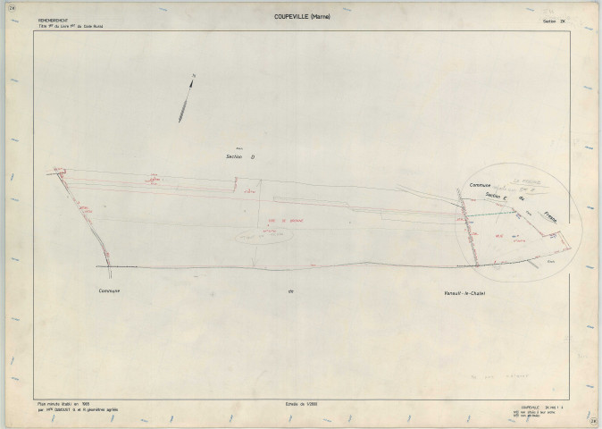 Coupéville (51179). Section ZK échelle 1/2000, plan remembré pour 1965 (extension sur le Fresne section E), plan régulier (papier armé)