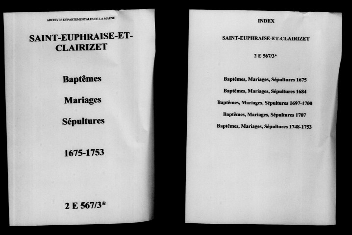 Saint-Euphraise-et-Clairizet. Baptêmes, mariages, sépultures 1675-1753