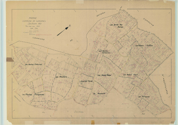 Cumières (51202). Section AD échelle 1/1000, plan renouvelé pour 1957, plan régulier (papier).