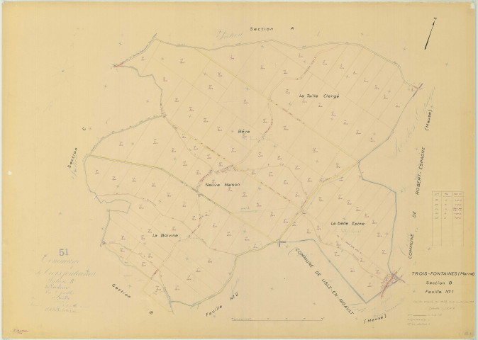 Trois-Fontaines-l'Abbaye (51583). Section B1 échelle 1/5000, plan mis à jour pour 1969, plan non régulier (papier)