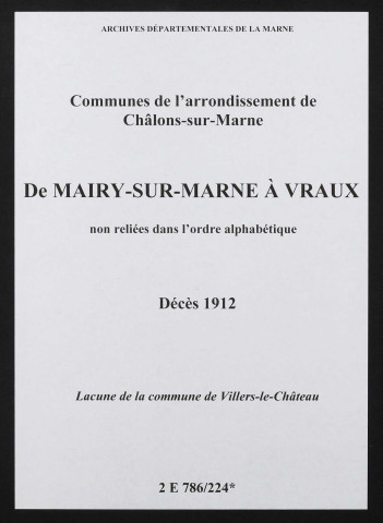 Communes de Mairy-sur-Marne à Vraux de l'arrondissement de Châlons. Décès 1912