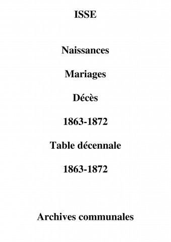 Isse. Naissances, mariages, décès et tables décennales des naissances, mariages, décès 1863-1872