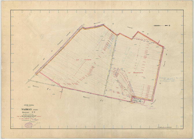 Marigny (51351). Section ZK échelle 1/2000, plan remembré pour 01/01/1964, régulier avant 20/03/1980 (papier armé)