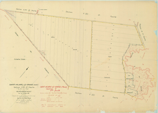 Saint-Hilaire-le-Grand (51486). Section V2 échelle 1/2000, plan remembré pour 1954 (ancienne section D1, D2, D3, E2, E3 et E4), plan régulier (papier)