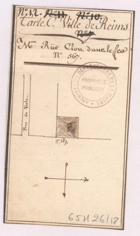 Plan de la ville de Reims, carte C, maisons chargées de cens et surcens envers la commanderie de Reims : n° 12, maison rue du Clou dans le fer n° 567