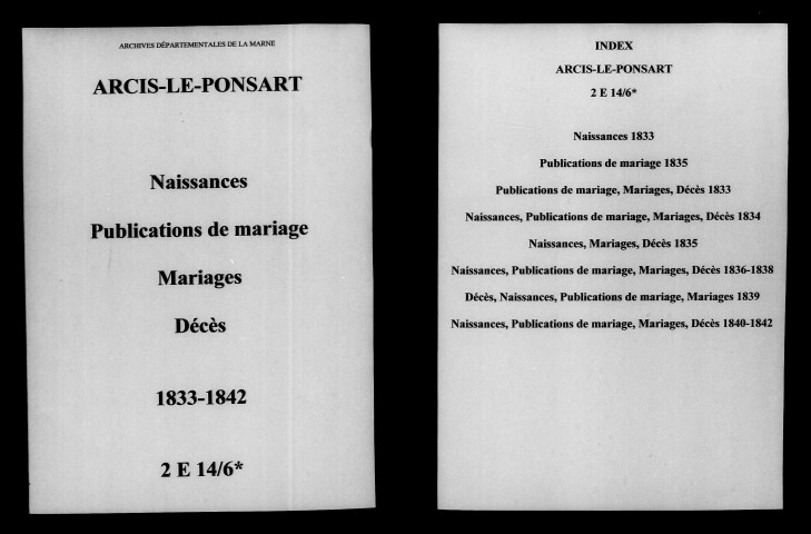Arcis-le-Ponsart. Naissances, publications de mariage, mariages, décès 1833-1842