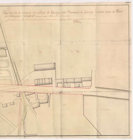 RN 3. Troissy. Plan de la traverse du village de Troissy entre Dormans et Epernay, 1756.