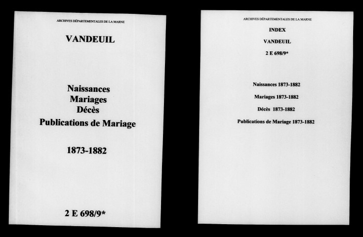 Vandeuil. Naissances, mariages, décès, publications de mariage 1873-1882