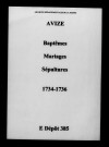 Avize. Baptêmes, mariages, sépultures 1734-1736