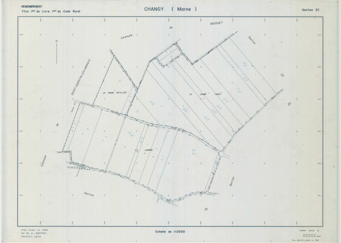 Changy (51122). Section ZC échelle 1/2000, plan remembré pour 1994, plan régulier (calque)