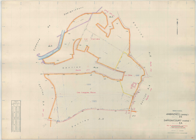 Ambrières (51008). Section ZE échelle 1/2000, plan remembré pour 1967 (extension sur la commune de Sapignicourt ZA), plan régulier (papier armé)