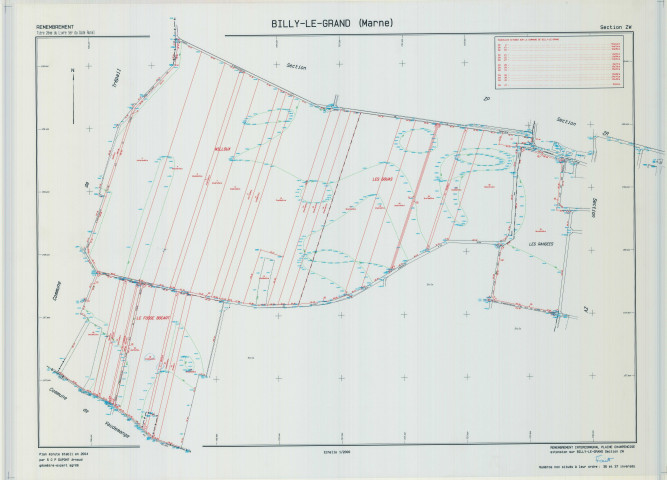 Billy-le-Grand (51061). Section ZW échelle 1/2000, plan remembré pour 2004 (remembrement intercommunal de Plaine Champenoise extension sur Billy-le-Grand), plan régulier (calque)