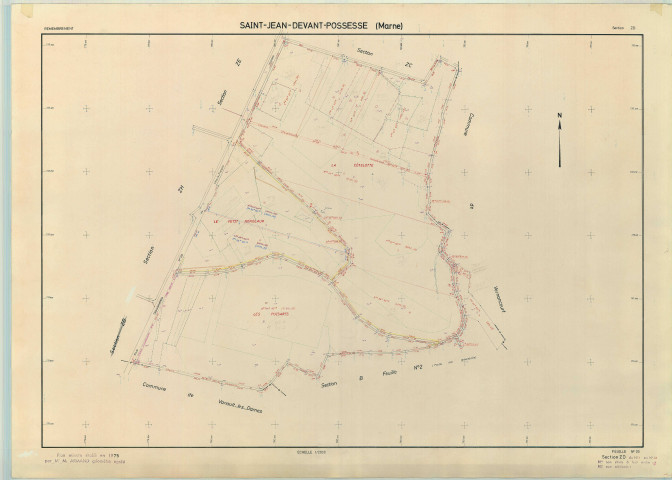 Saint-Jean-devant-Possesse (51489). Section ZD échelle 1/2000, plan remembré pour 1975, plan régulier (papier armé)