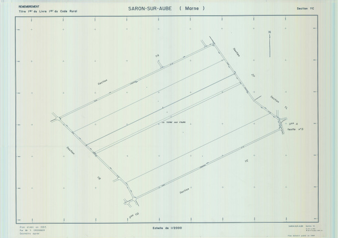 Saron-sur-Aube (51524). Section YC échelle 1/2000, plan remembré pour 01/01/1993, plan régulier de qualité P5 (calque)