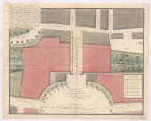RN 51. Plan des abords de la porte Cérés à Reims. Projet de démolition de la porte de Cérès et de construction d'une barrière et d'une nouvelle rue en place de ladite Porte par Serrurier fils, 1792-1798.