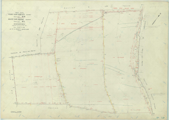 Togny-aux-Bœufs (51574). Section ZD ZL échelle 1/2000, plan remembré pour 1969 (extension sur Mairy-sur-Marne section ZL), plan régulier (papier armé)