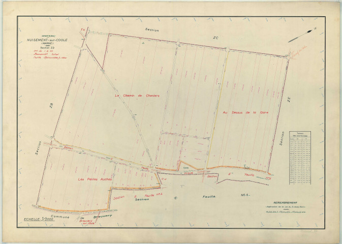 Nuisement-sur-Coole (51409). Section ZD échelle 1/2000, plan remembré pour 1960, plan régulier (papier armé)