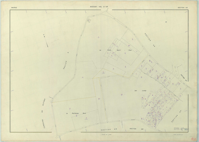 Avenay-Val-d'Or (51028). Section AO échelle 1/1000, plan renouvelé pour 1961, plan régulier (papier armé).