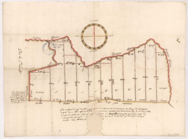 La Neuville-au-Pont. Plan du grand brouillard pré dépendant du couvent de Moiremont au finage de la Neufville au pont, 6 mai 1687.