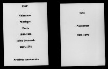 Isse. Naissances, mariages, décès et tables décennales des naissances, mariages, décès 1881-1892
