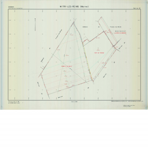 Witry-lès-Reims (51662). Section ZD échelle 1/2000, plan remembré pour 1987, contient une extension sur Bourgogne-Fresne 261 X2, plan régulier de qualité P5 (calque).
